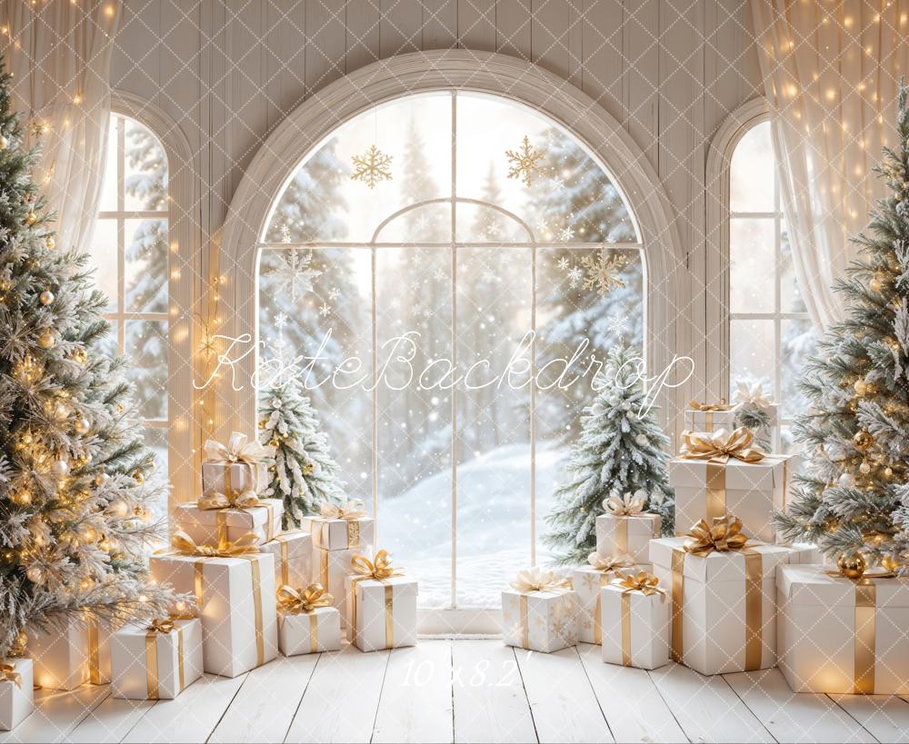 Kate White Arch Window With Christmas Tree Gifts Backdrop Designed by Emetselch