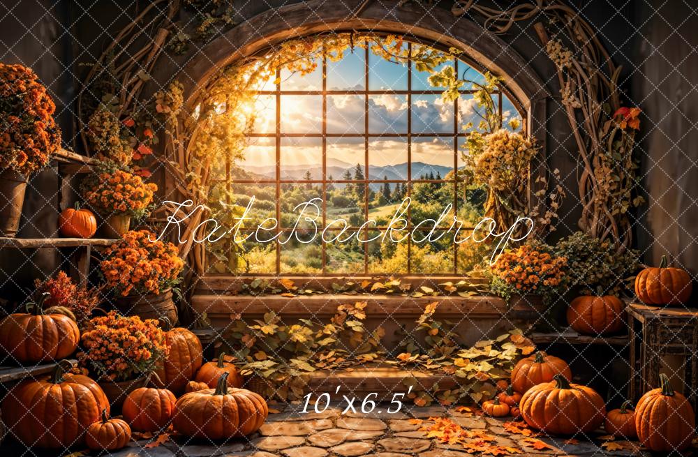 Kate Fall Flower Pumpkin Barn Arch Window Backdrop Designed by Emetselch