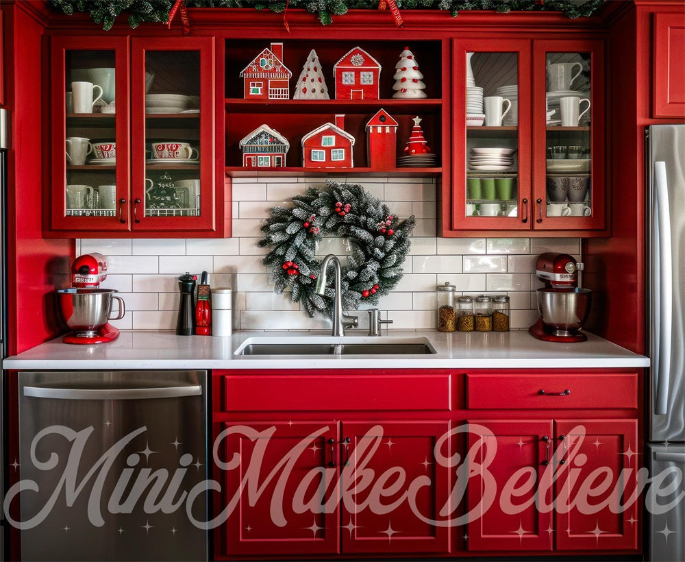 Natale Indoor Red Kitchen Backdrop Progettato da Mini MakeBelieve