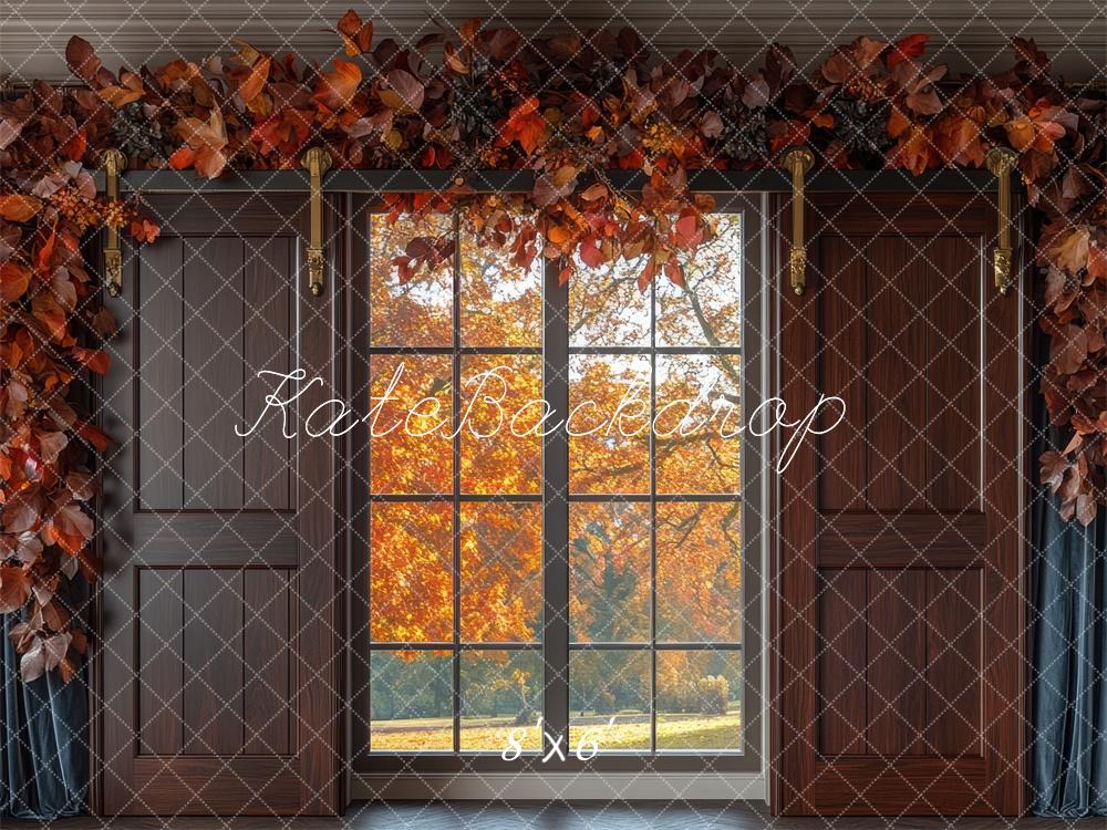 Kate Fall Window Leaves Garland Brown Barn Doors Backdrop Designed by Mini MakeBelieve