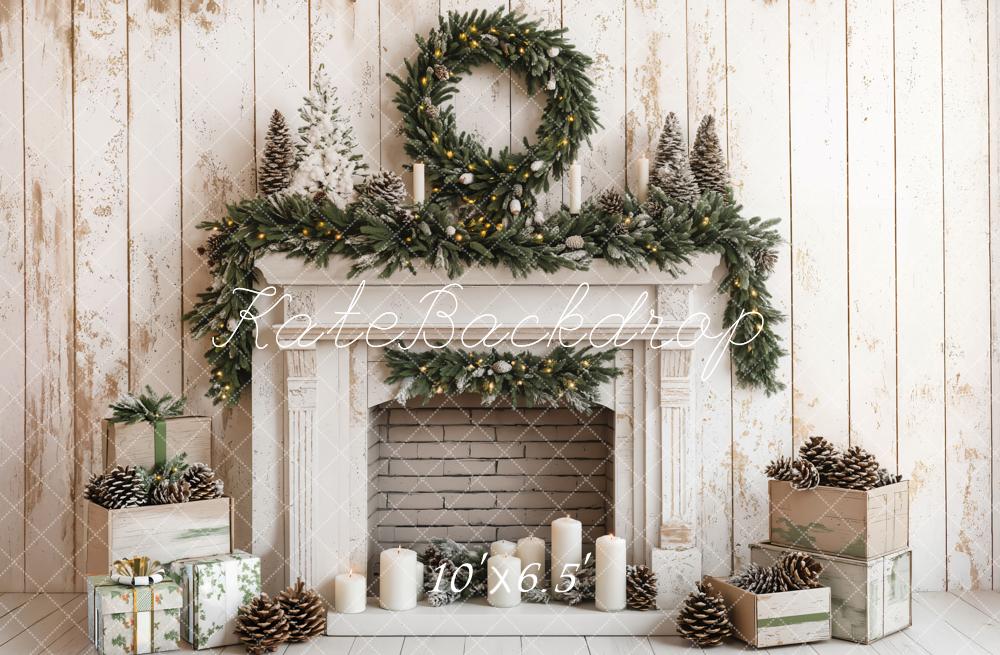 Kate Christmas Fireplace White Wood Wall Backdrop Designed by Emetselch