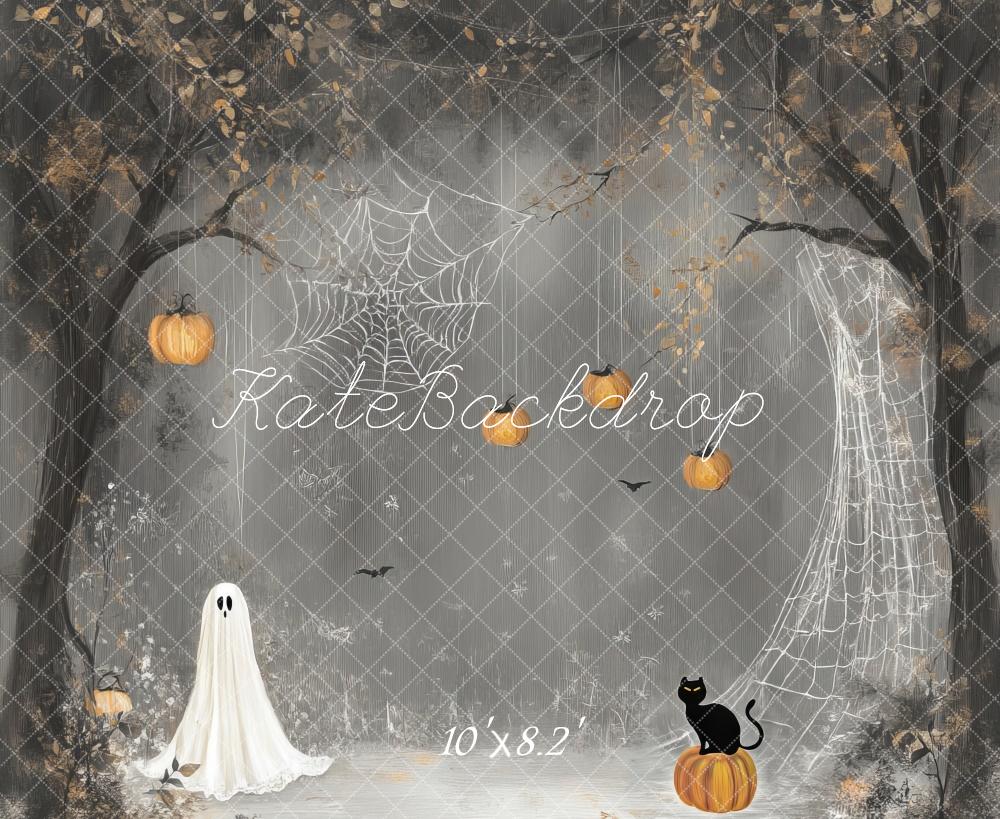 Kate Halloween Cartoon Ghost and Spider Web Backdrop Designed by Lidia Redekopp