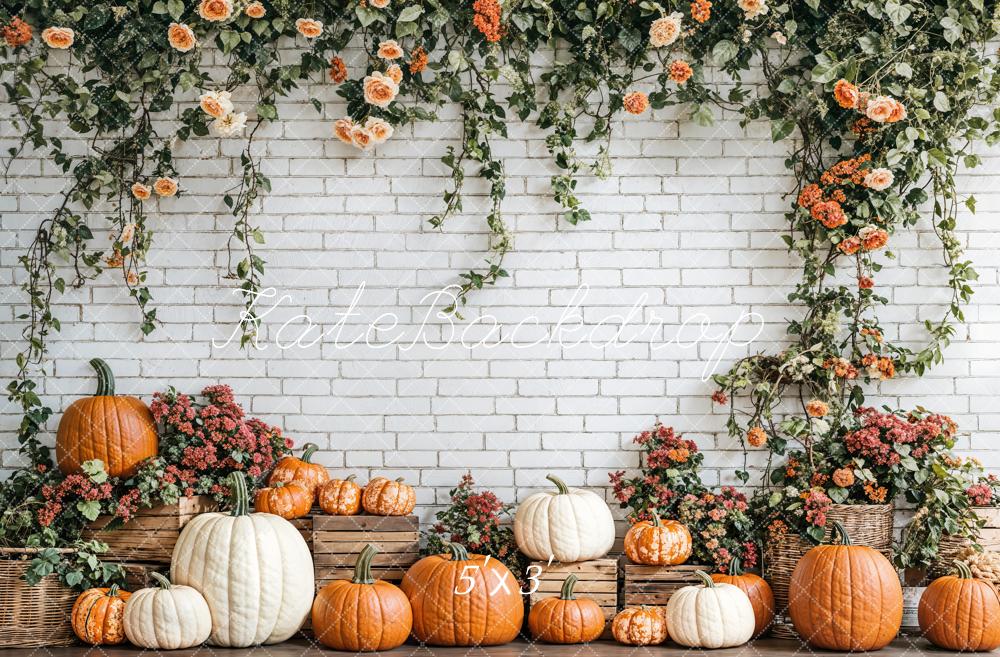 Kate Fall Pumpkins Floral Brick Wall Backdrop Designed by Emetselch