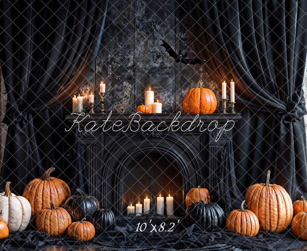 Kate Halloween Black Curtains Retro Fireplace Pumpkin Backdrop Designed by Emetselch