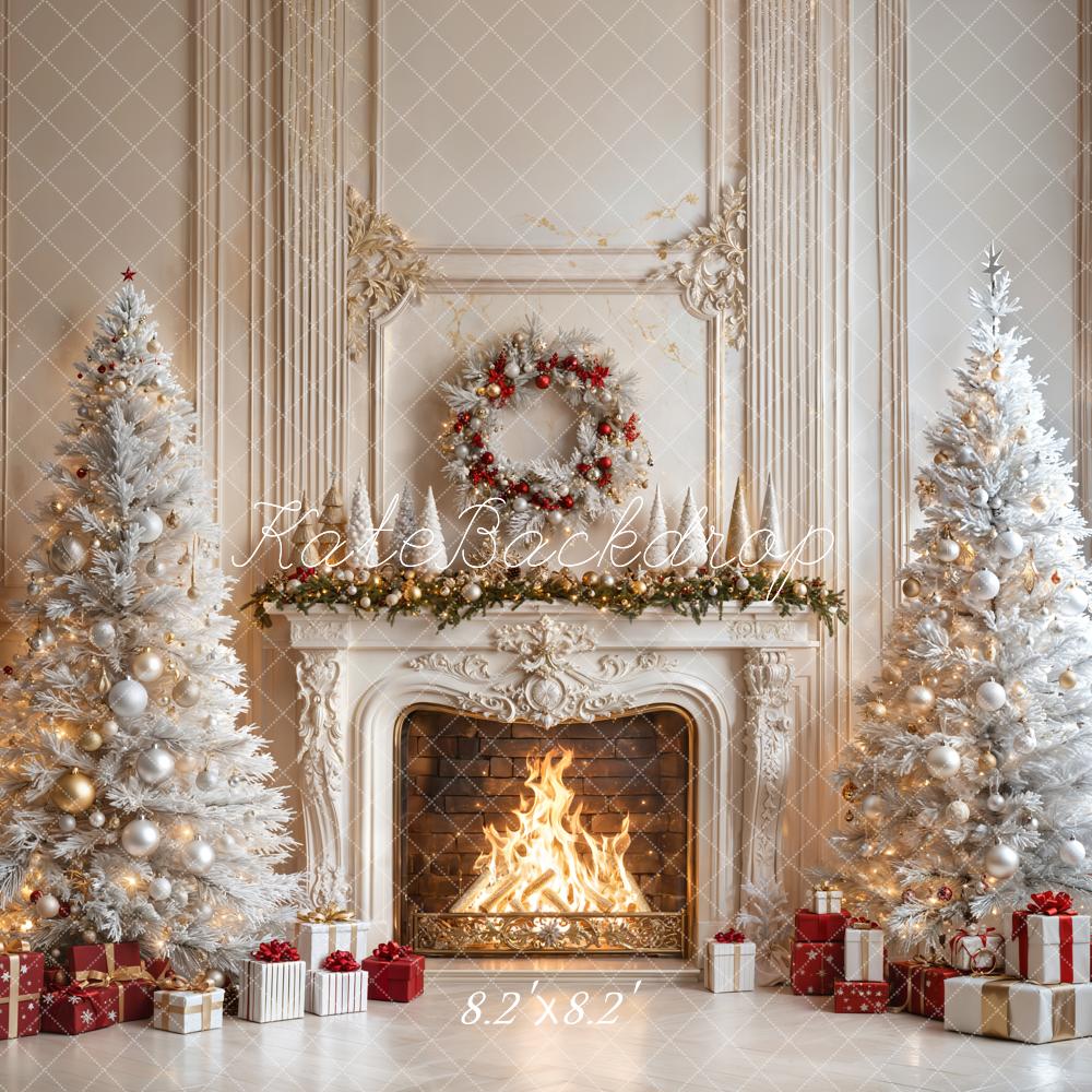 Kate Christmas Fireplace White Trees Gifts Backdrop Designed by Emetselch