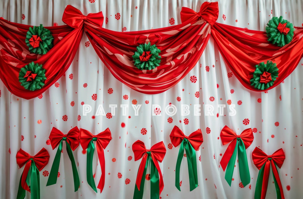 Kate Christmas Red Curtain With Green Hanging Ornaments Backdrop Designed by Patty Robert