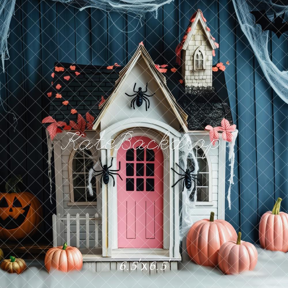 Kate Halloween Blue Curtains Pink Haunted House With Spiders Backdrop Designed by Patty Robert