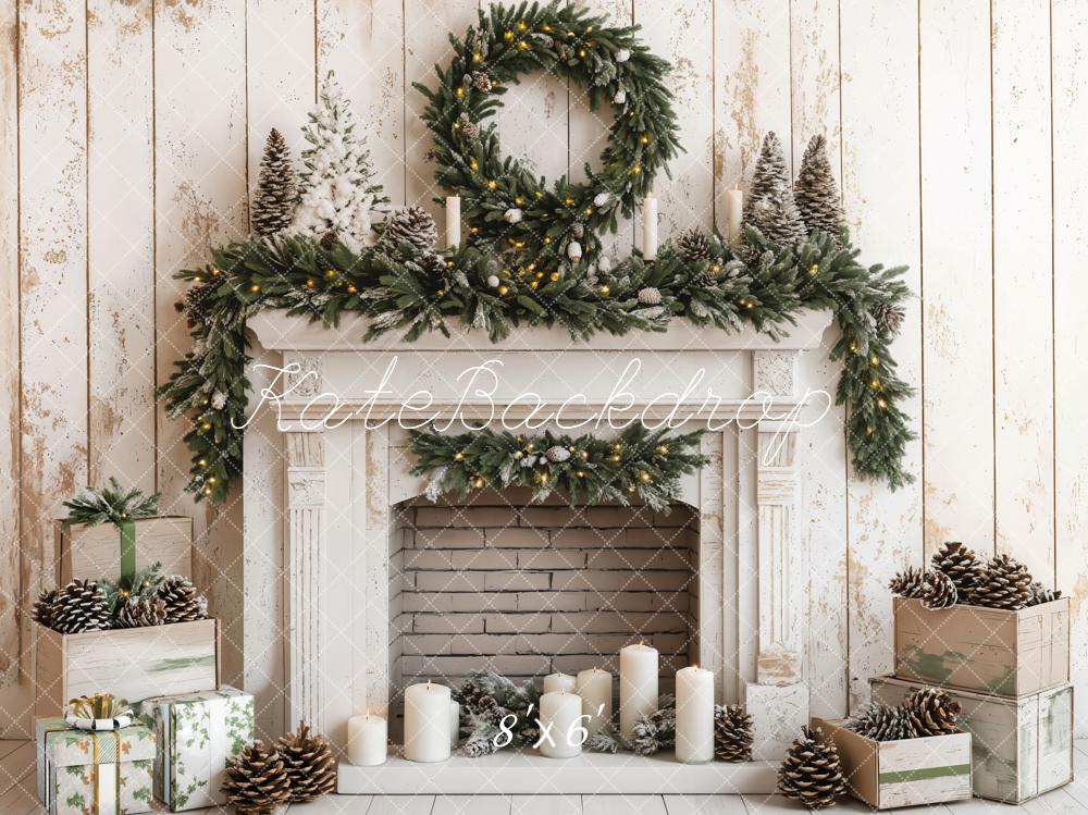 Kate Christmas Fireplace White Wood Wall Backdrop Designed by Emetselch