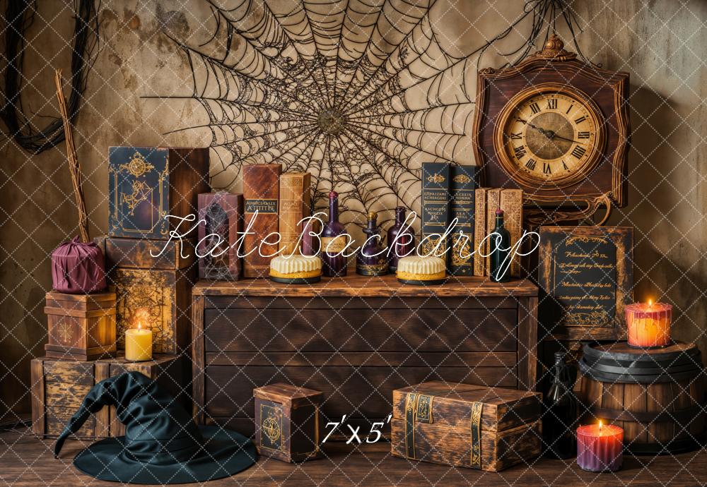 Kate Halloween Witch Spider Web Retro Clock Backdrop Designed by Emetselch