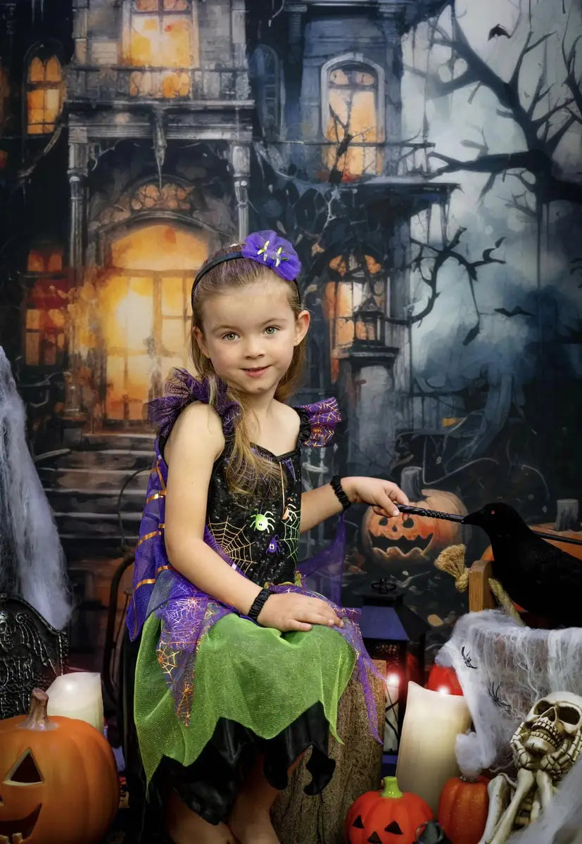 Kate Halloween Spooky Watercolor Mansion Backdrop Designed by Happy Squirrel Design