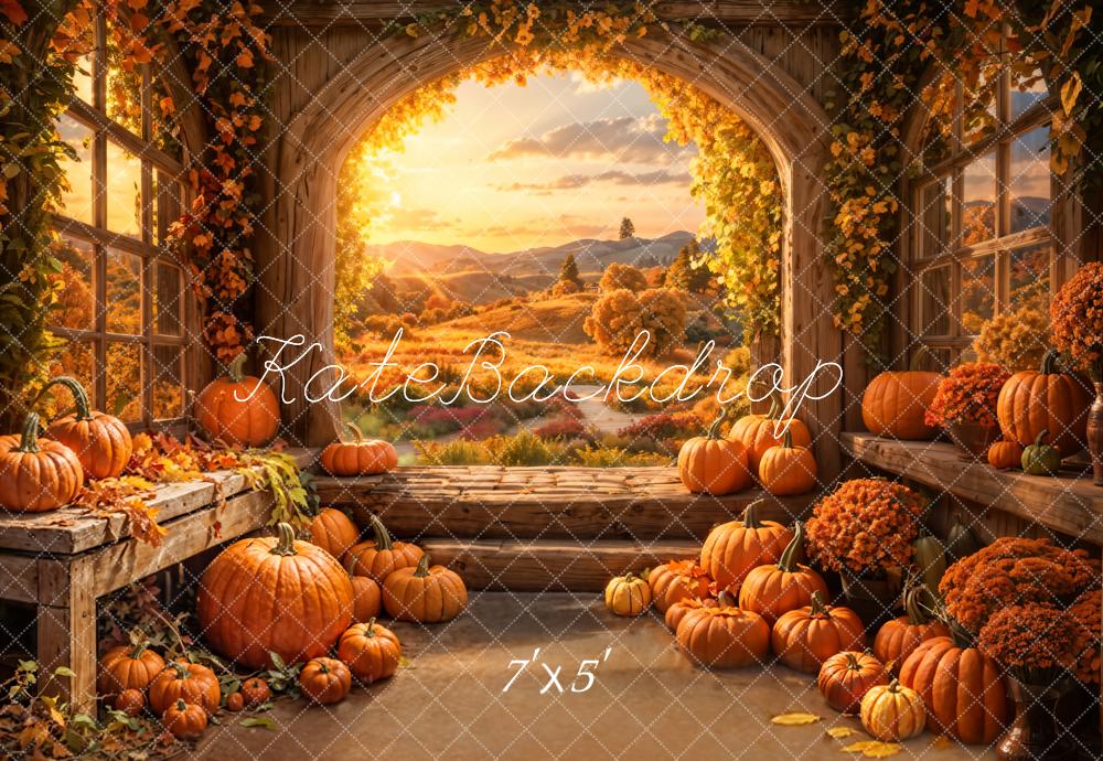 Fall Indoor Golden Pumpkin Barn Arch Window Foto Achtergrond Designed by Emetselch