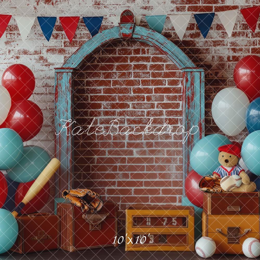 Cake Smash Baseball Ballonnen Bakstenen Foto Achtergrond Designed by Mini MakeBelieve