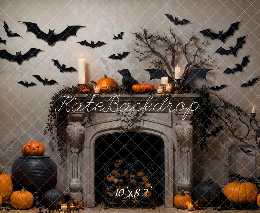 Kate Halloween Bat Gray Retro Fireplace Backdrop Designed by Emetselch