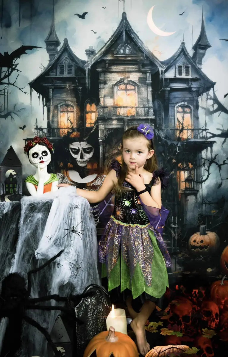 Kate Halloween Spooky Watercolor Mansion Backdrop Designed by Happy Squirrel Design