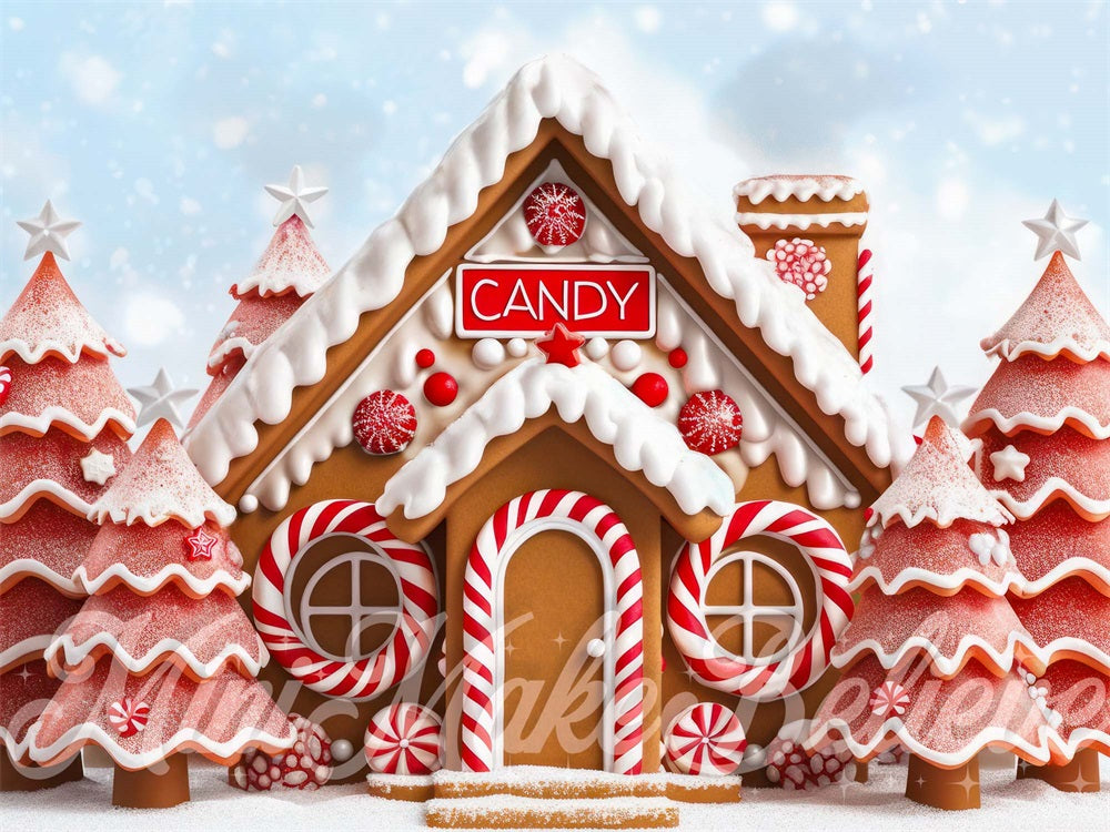 Kate Red Christmas Tree Dreamy Gingerbread Candy House Backdrop Designed by Mini MakeBelieve