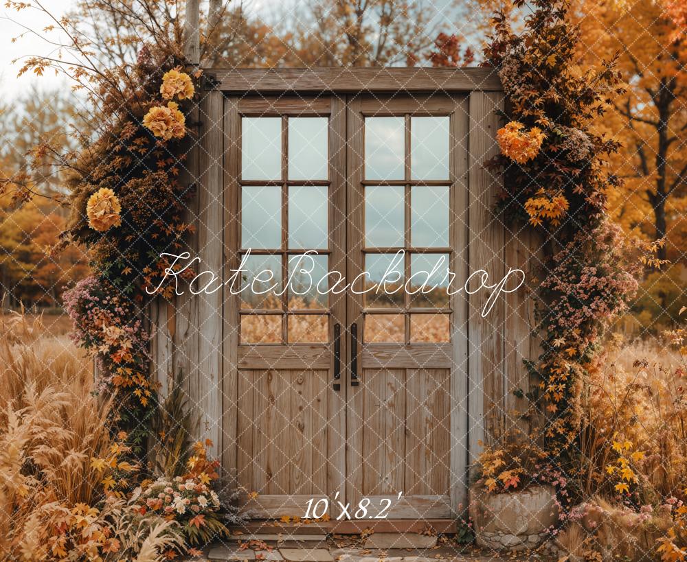 Fondo de puerta de madera vintage de flores de otoño diseñado por Emetselch