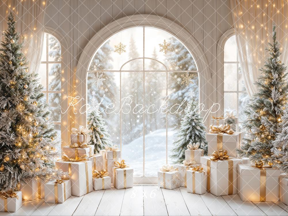 Kate White Arch Window With Christmas Tree Gifts Backdrop Designed by Emetselch