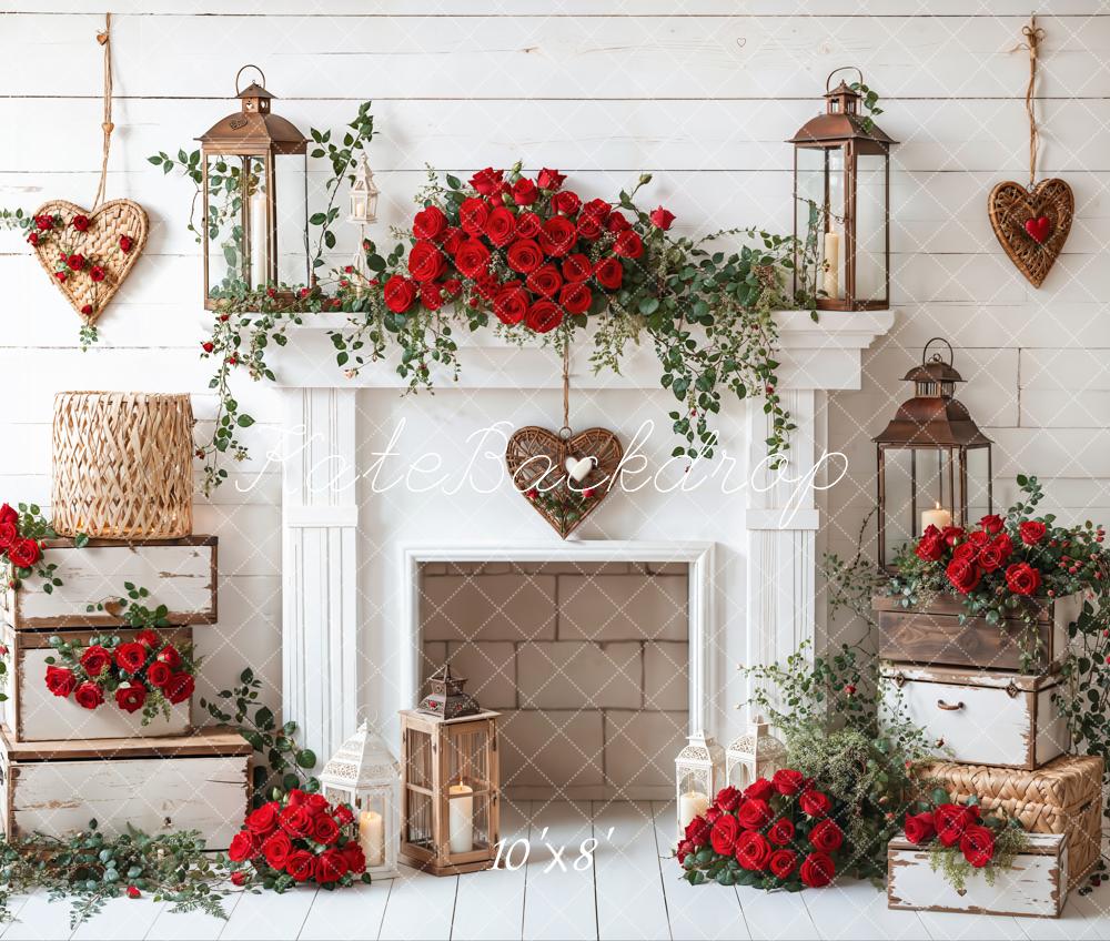 Kate Valentine Roses Fireplace Lantern Rustic Backdrop Designed by Emetselch