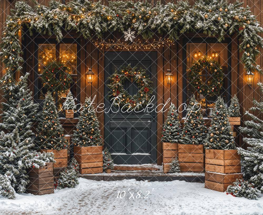 Fondo de Cabaña de Madera de Árbol de Navidad Puerta Negra Diseñado por Emetselch