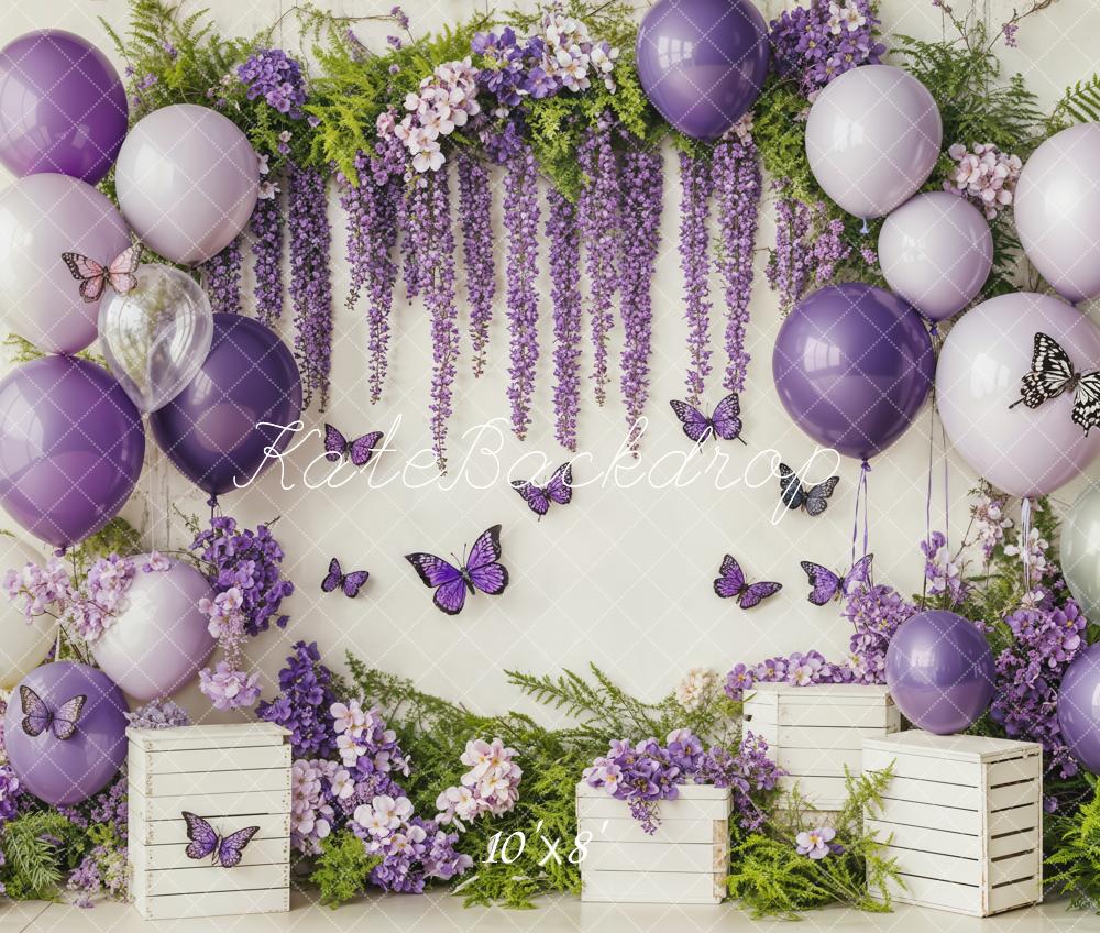 Kate Cake Smash Purple Balloon Floral Butterflies Backdrop Designed by Emetselch