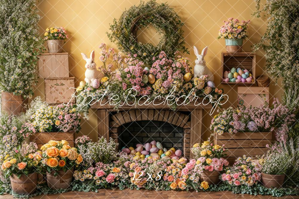 Kate Easter Bunny Floral Fireplace Backdrop Designed by Emetselch