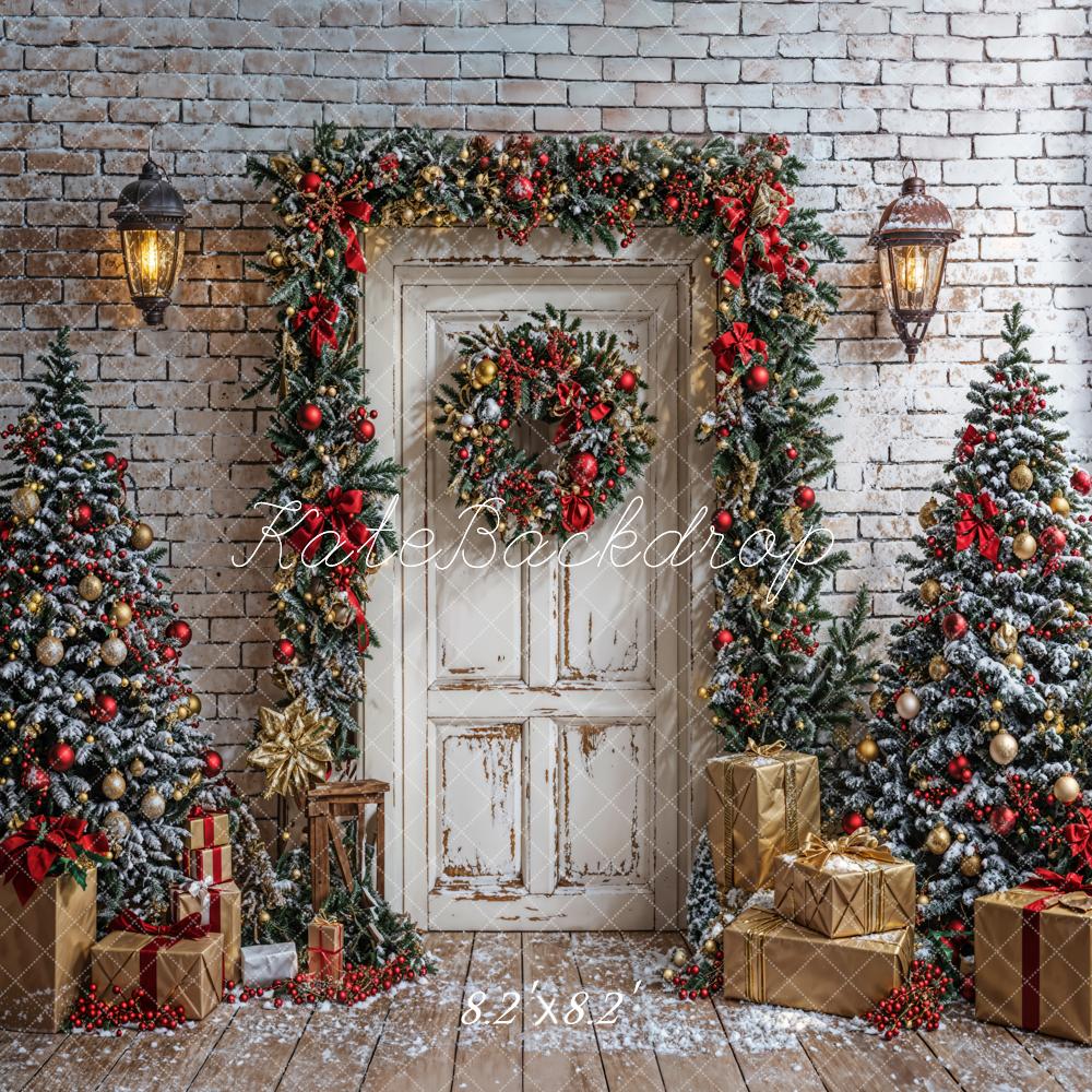 Kate Winter Christmas Tree White Door Gray Brick Wall Backdrop Designed by Emetselch