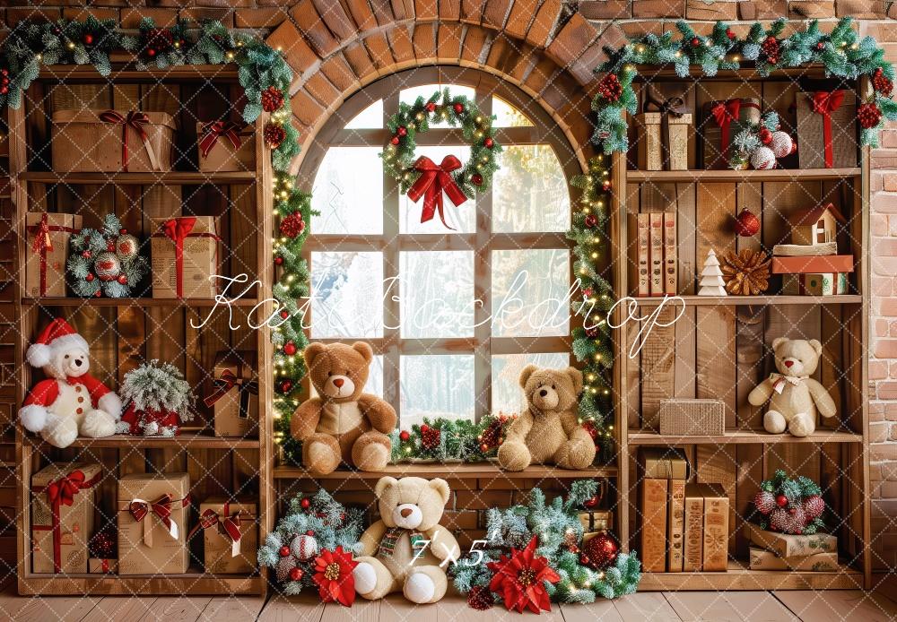 Kerst Brown Gifts Shelf Teddy Bears Window Foto Achtergrond Designed by Patty Robert