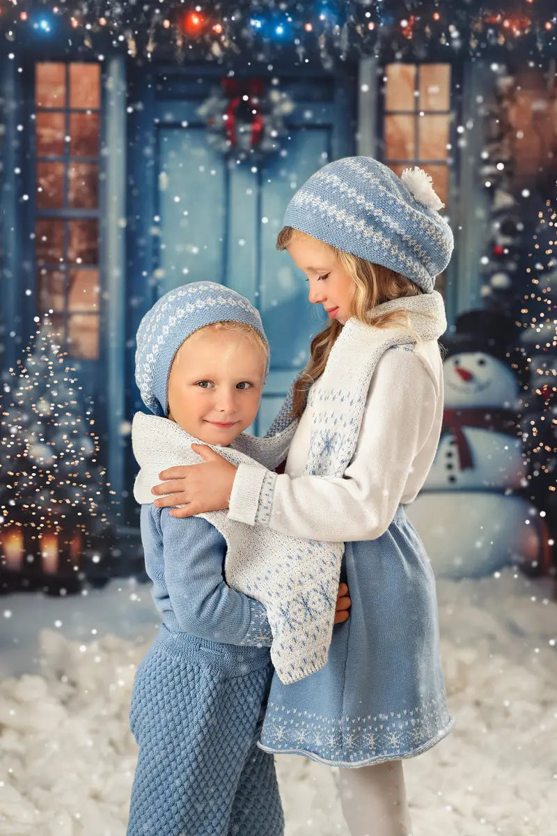 Kate Winter Snowy Blue Door Snowman Backdrop Designed by Chain Photography