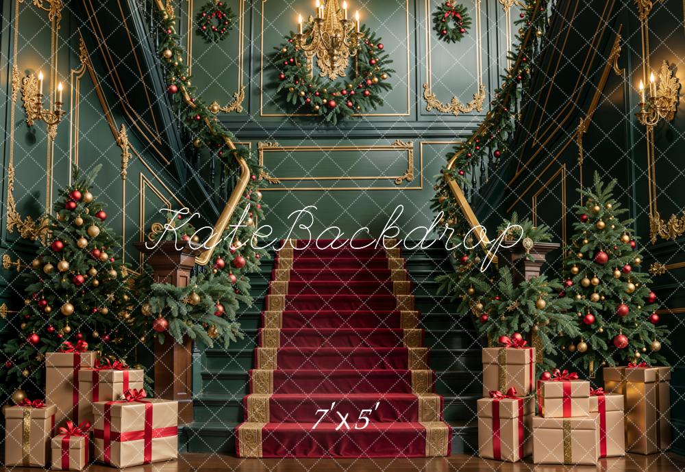 Kate Christmas Indoor Dark Green Retro Staircase Backdrop Designed by Emetselch