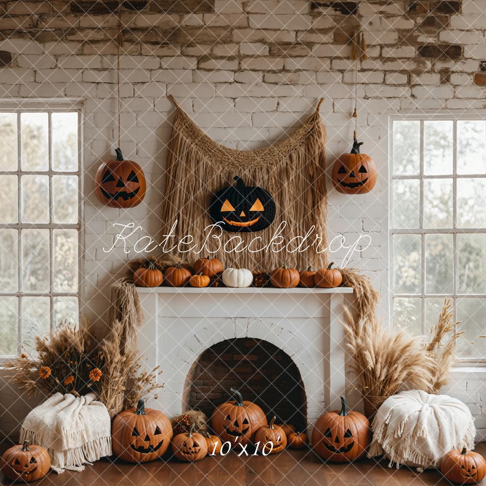 Kate Halloween Pumpkin White Fireplace Boho Backdrop Designed by Emetselch