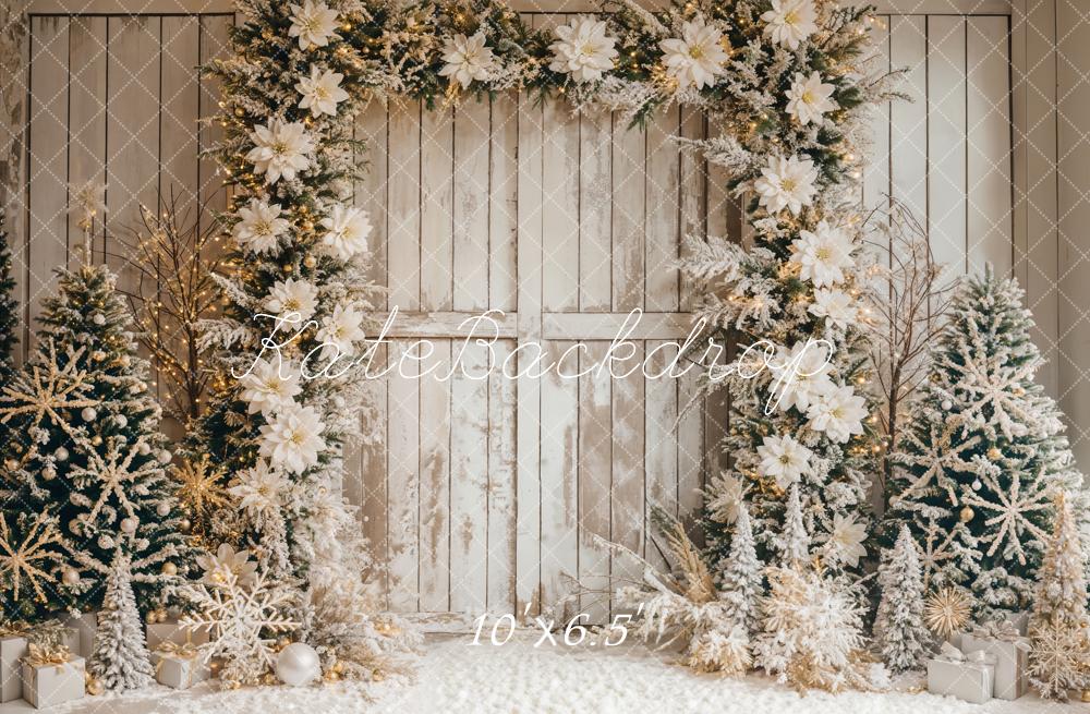 Arco de Flores Blanco de Navidad Fine Art con Fondo de Madera Rayada Diseñado por Emetselch