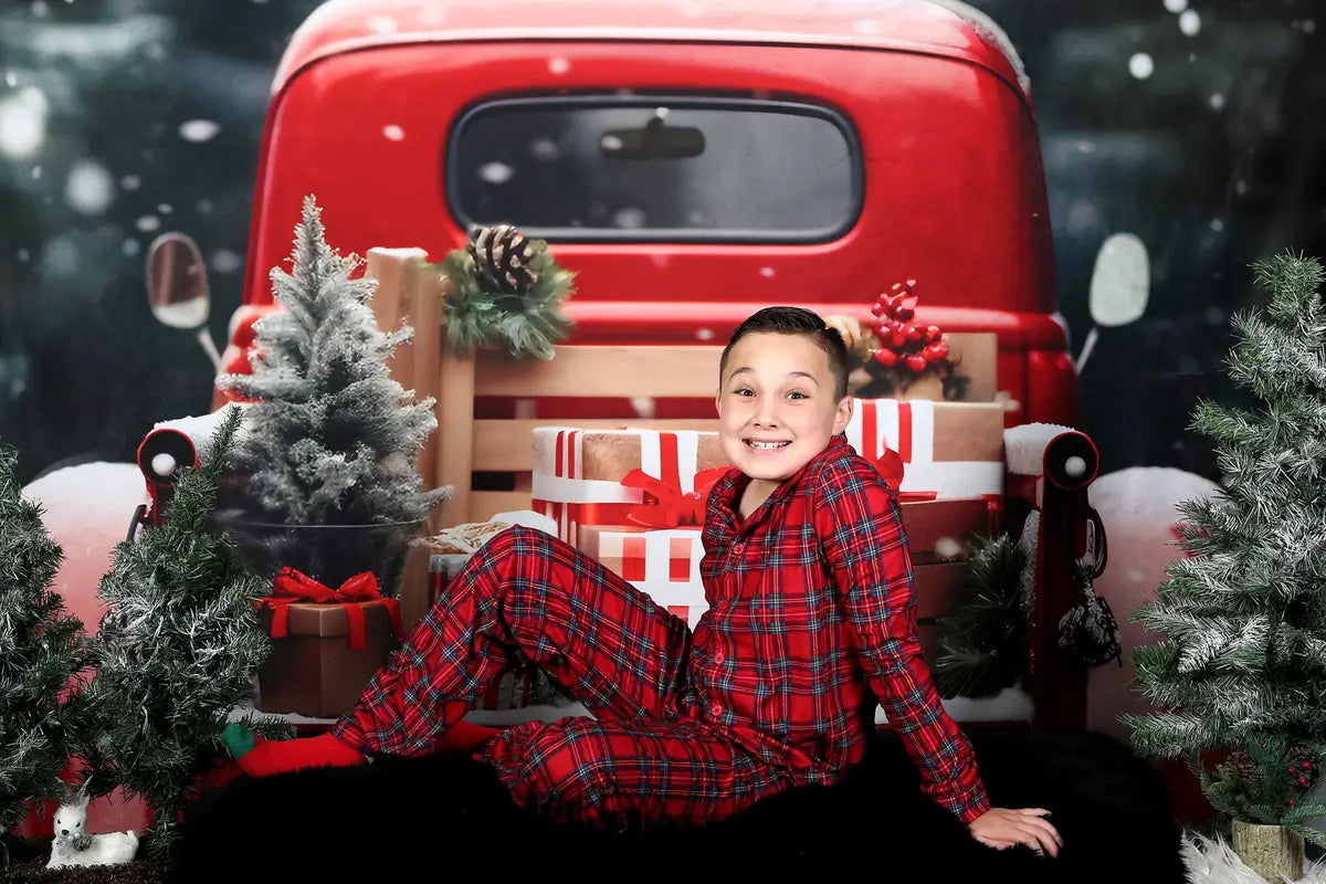 Kerst Buiten Rode Auto Truck Geschenken Achtergrond voor Fotografie