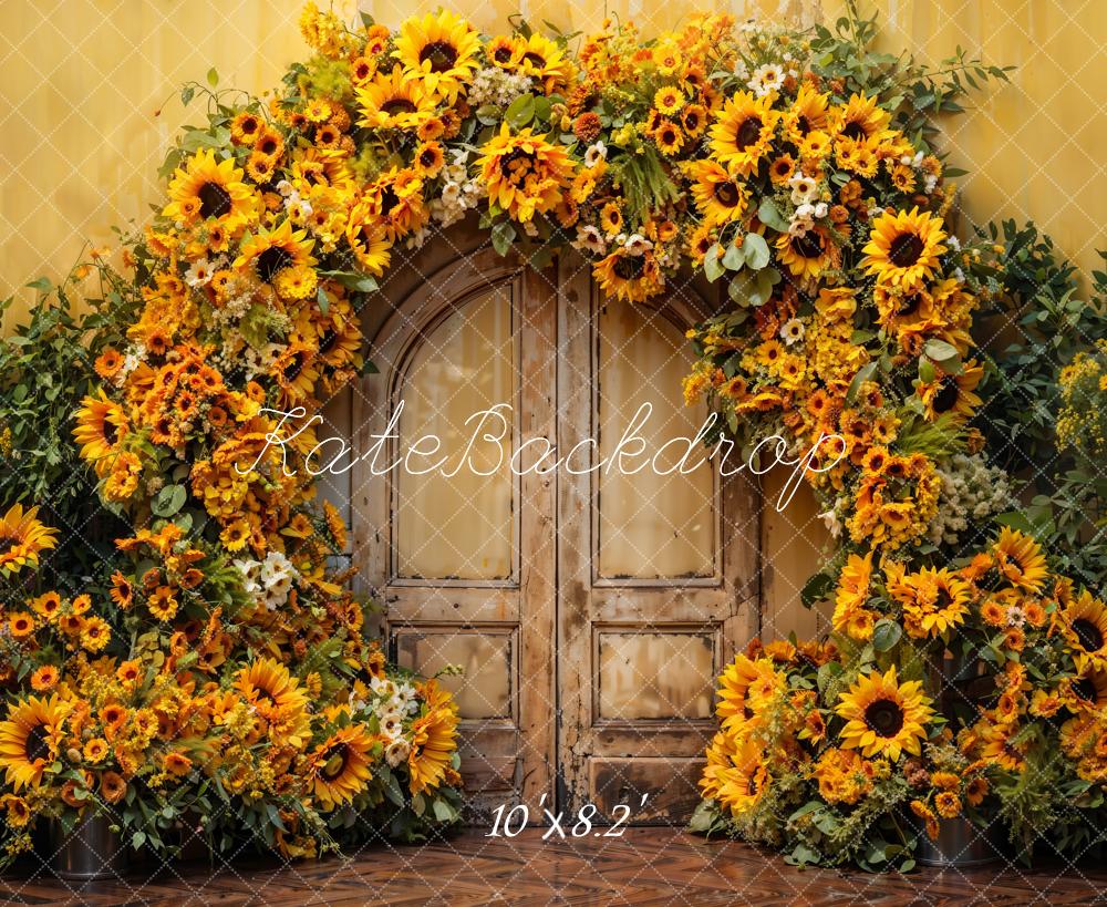 Kate Fall Sunflower Arch Brown Wooden Door Backdrop Designed by Emetselch