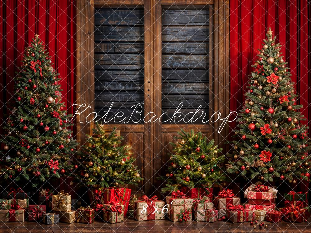 Kate Christmas Tree Red Curtain Gray Wooden Wall Backdrop Designed by Emetselch