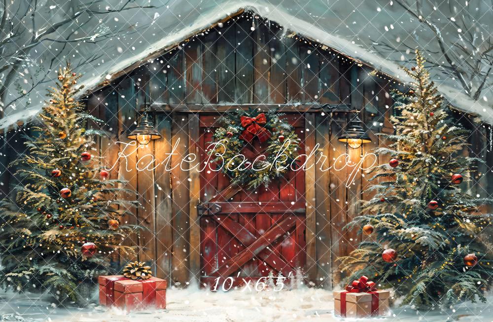 Kate Winter Forest Christmas Night Wooden Barn Backdrop Designed by Chain Photography