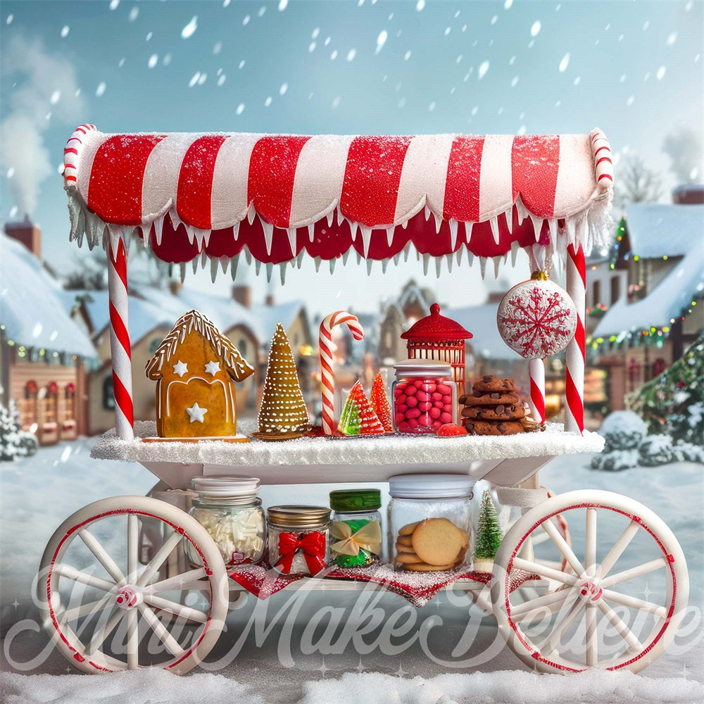 Kate Christmas Town Gingerbread Red Candy Stand Cart Backdrop Designed by Mini MakeBelieve