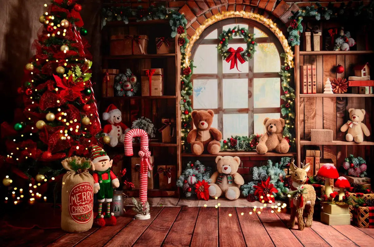 Estante de Regalos de Navidad Osos de Peluche Ventana Fondo Diseñado por Patty Robert