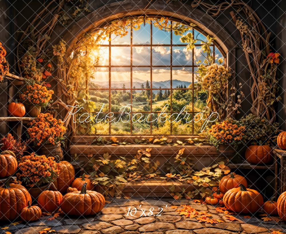 Fall Flower Pumpkin Barn Arch Window Foto Achtergrond Designed by Emetselch