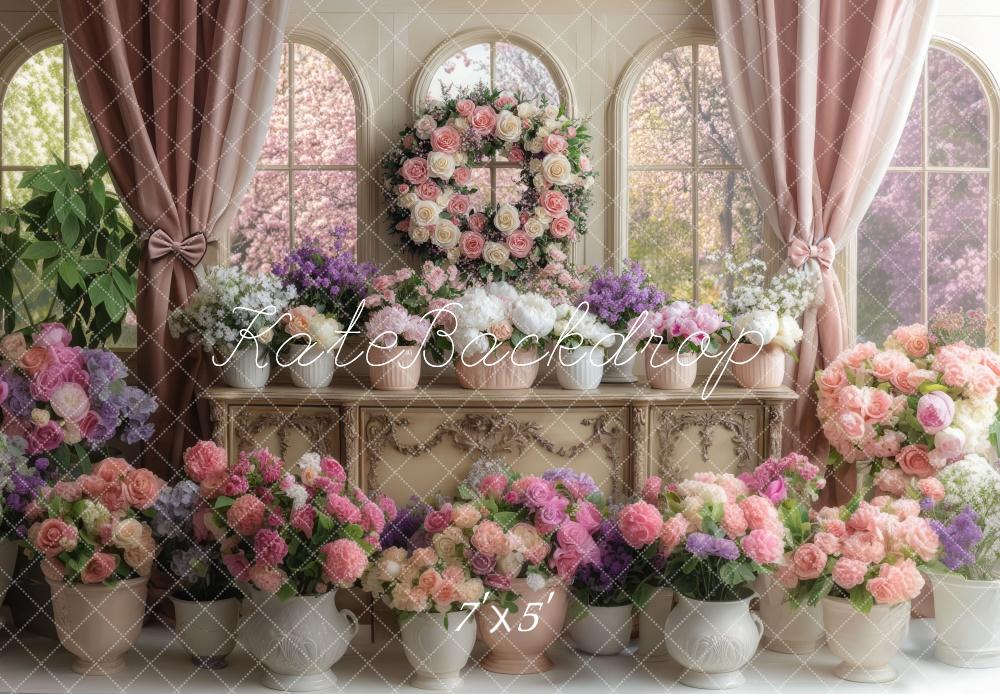 Kate Spring Floral Arched Window Pink Backdrop Designed by Mini MakeBelieve