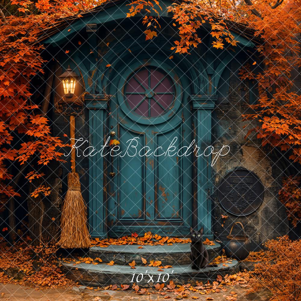 Kate Fall Red Maple Leaf Blue Arch Door Backdrop Designed by Emetselch