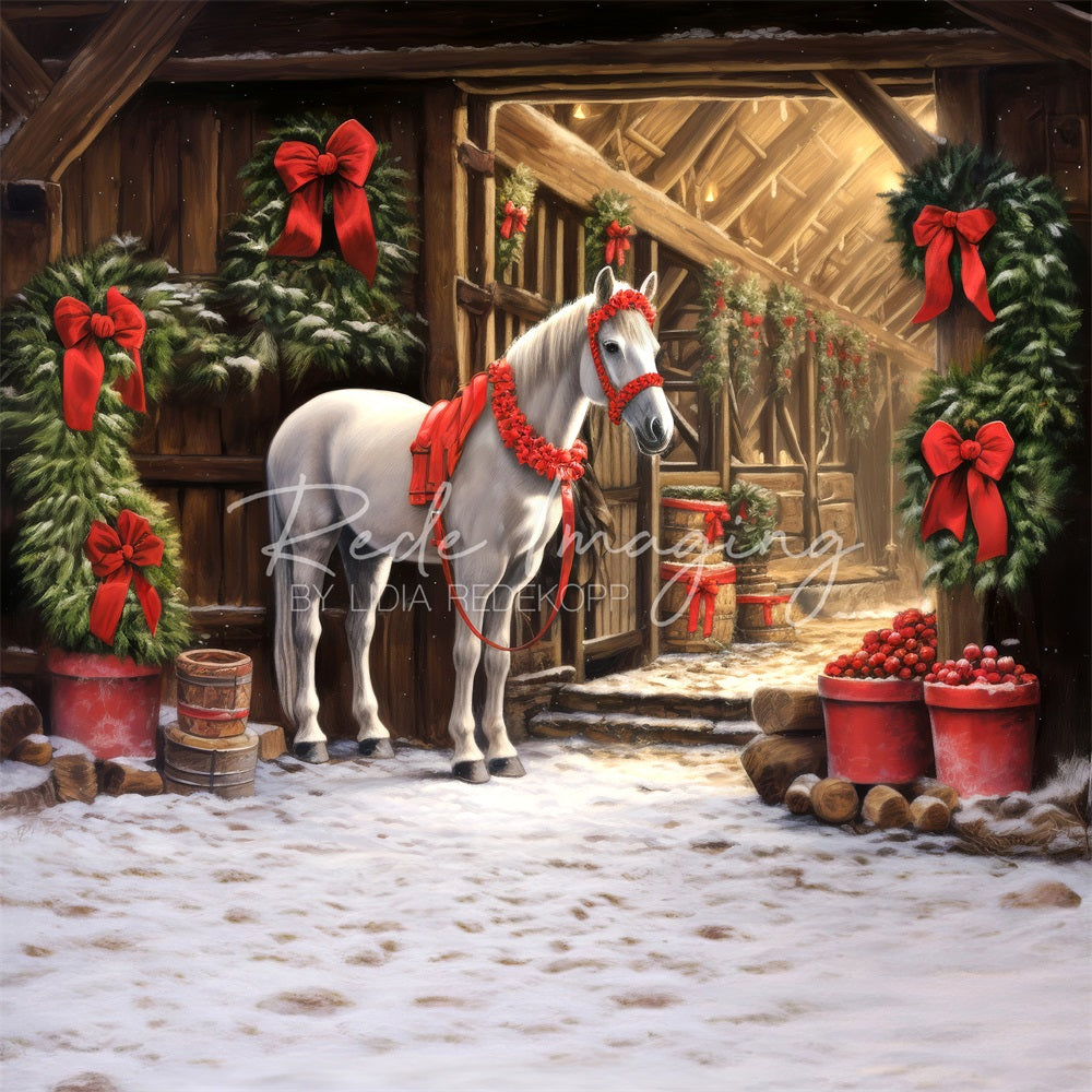 Kerstkrans Barn White Horse Foto Achtergrond Designed by Lidia Redekopp