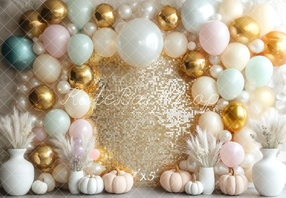 Kate Balloon Gold Pastel Pumpkin Sequin Wall Backdrop Designed by Mini MakeBelieve