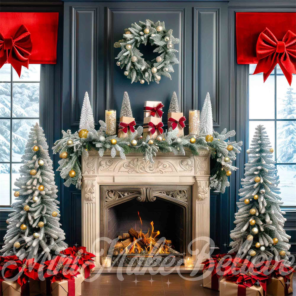 Kate Christmas Golden Retro Fireplace Blue Wall Backdrop Designed by Mini MakeBelieve