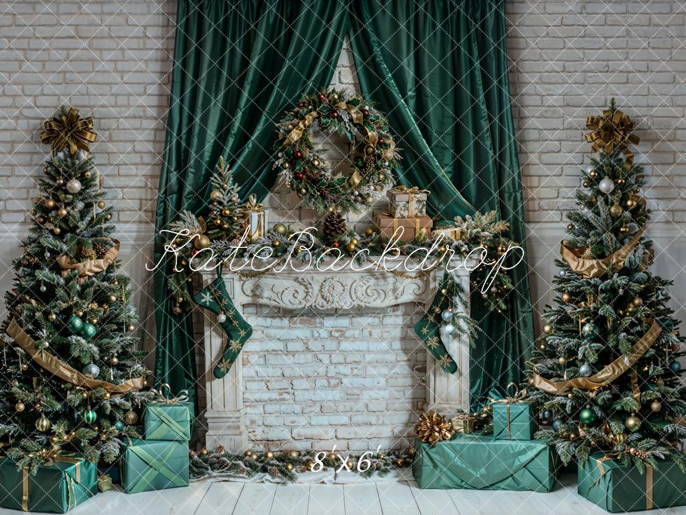 Kate Christmas White Retro Floral Brick Fireplace Backdrop Designed by Emetselch