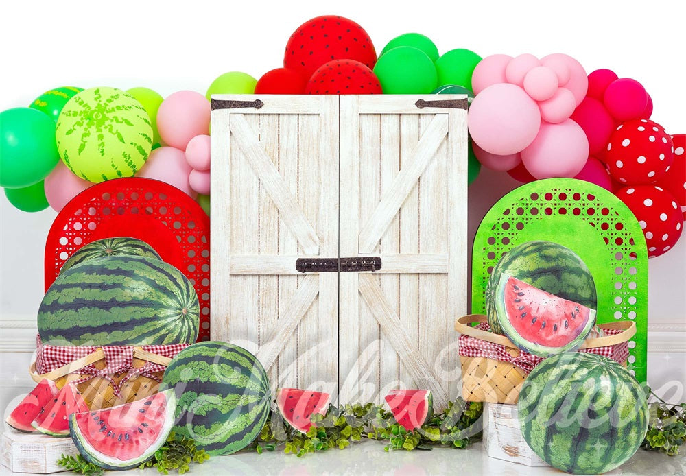 Kate Birthday Watermelon Colorful Balloon White Barn Door Backdrop Designed by Mini MakeBelieve