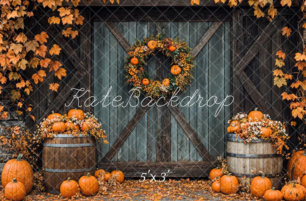 Kate Fall  leaves Pumpkin  Rustic Wooden Door Backdrop Designed by Emetselch