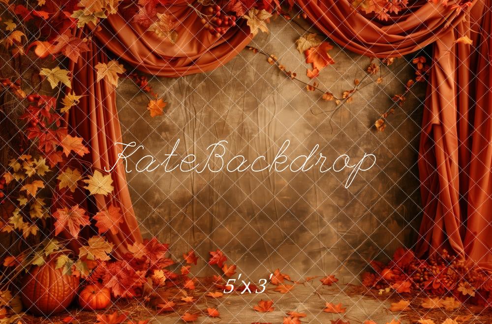 Kate Fall Pumpkin Leaves With Red Draped Curtain Backdrop Designed by Patty Roberts