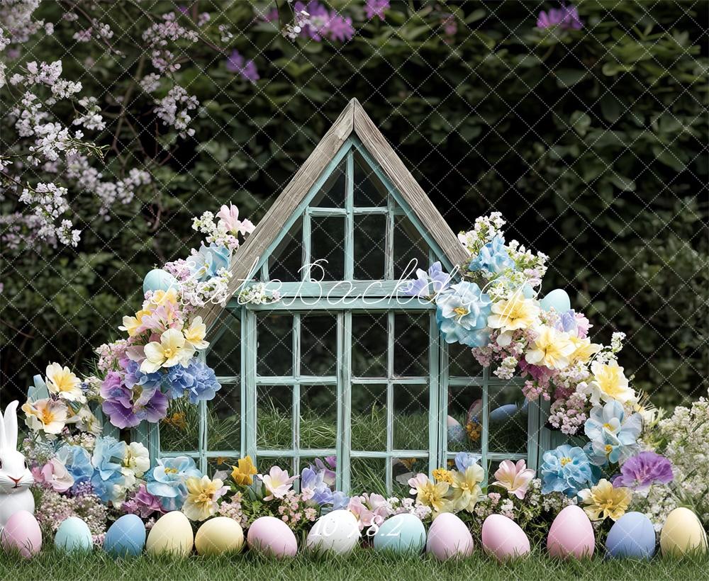 Kate Easter Bunny Floral Green House Backdrop Designed by Mini MakeBelieve