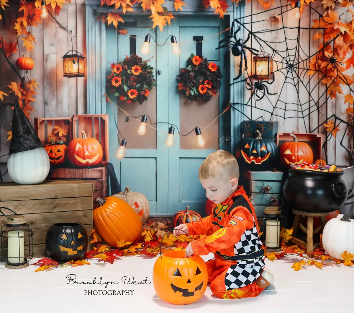 Halloween Pumpkin Maple Blue Wood Door Backdrop Designed by Emetselch