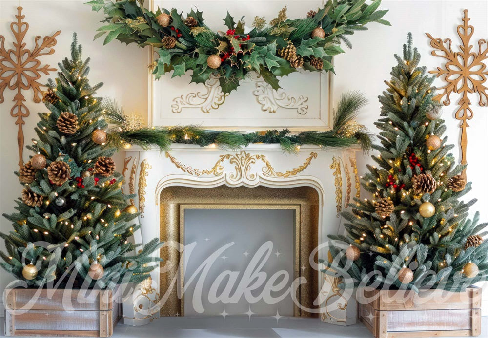 Kate Christmas Tree Golden Vintage Floral White Fireplace Backdrop Designed by Mini MakeBelieve